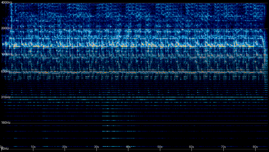 Spectrogram of an eighty-four second Lithuanian folk song: horizontal bright bands around 315 Hz with fainter harmonics above, repeating in a regular structure across the full duration.